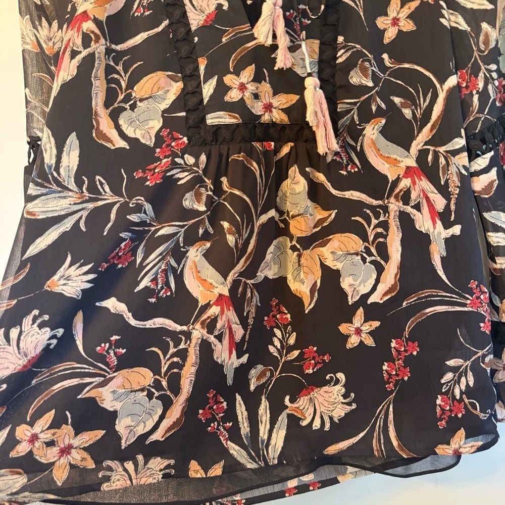 Maeve Black Blouse with Pink and Cream Floral Design bell sleeves - Picture 5 of 6